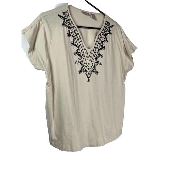 Chicos Beaded Boho India Short Sleeve Knit Top Blouse sz 2 / L (15 - Picture 1 of 8